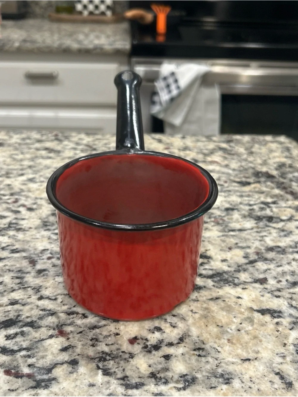 VINTAGE RED & BLACK ENAMELWARE MILK PAN OR BUTTER/CREAM WARMING POT- 4